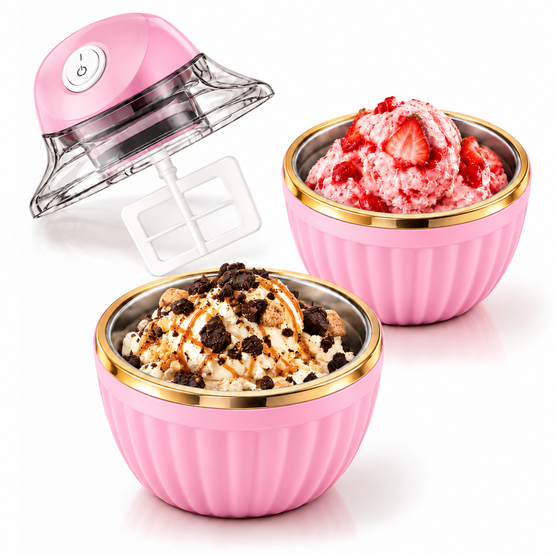 Machine à glace Givréo rose et deux bols de glace maison
